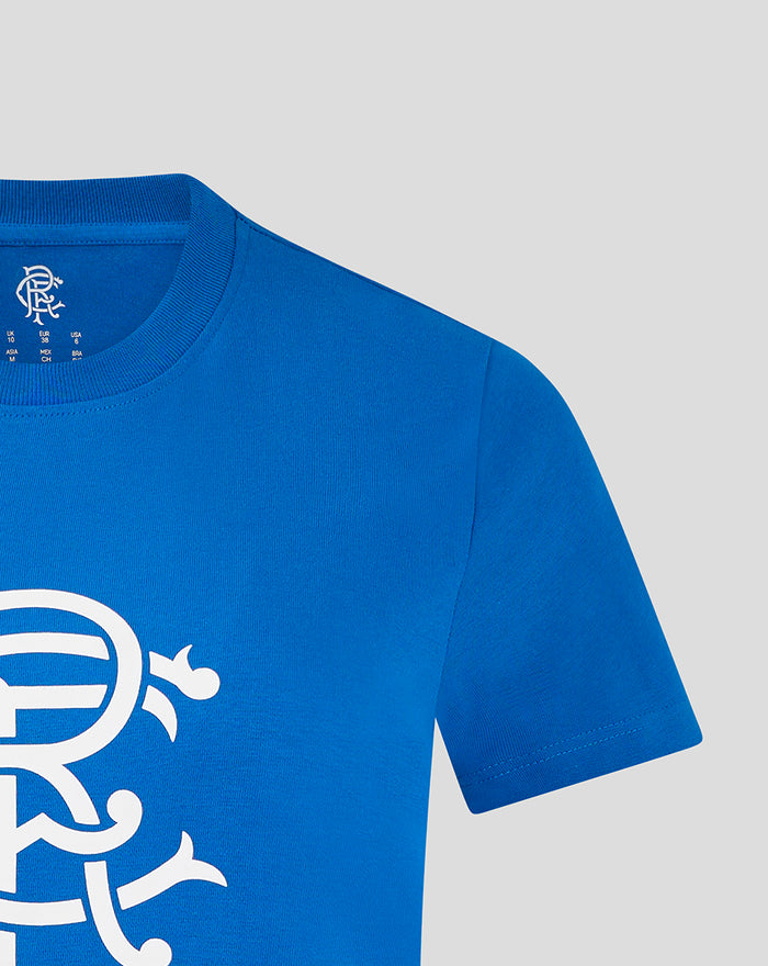 Blue Rangers FC crest T shirt close-up of chest logo and ribbed crew neck