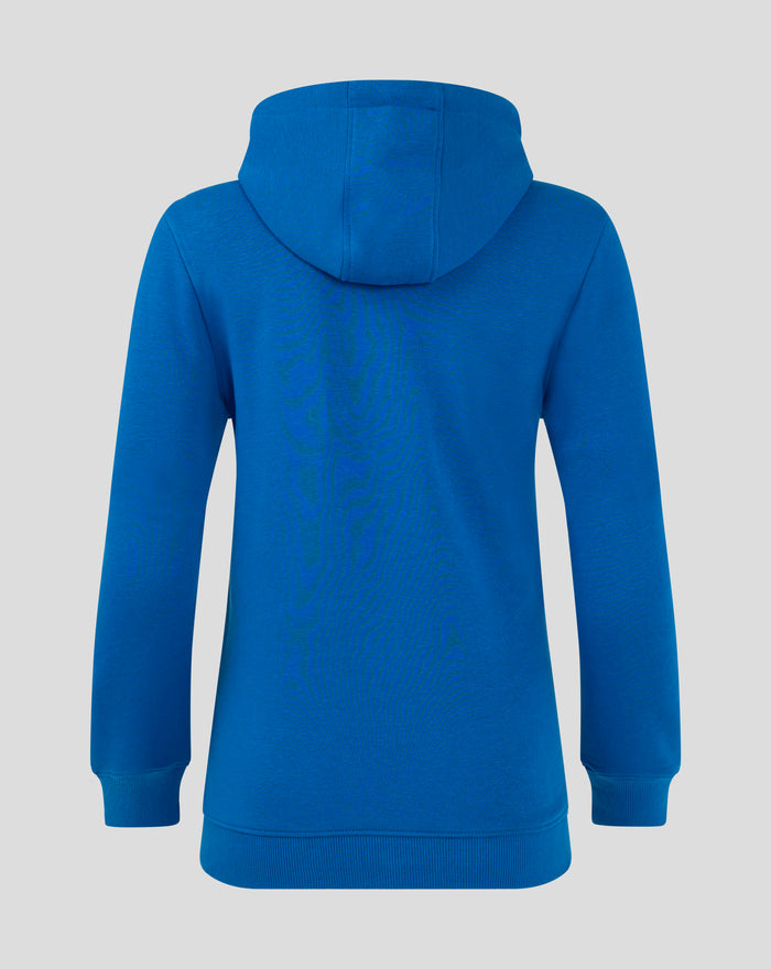 Blue Rangers FC Core Hoodie back view with hood resting over the shoulders