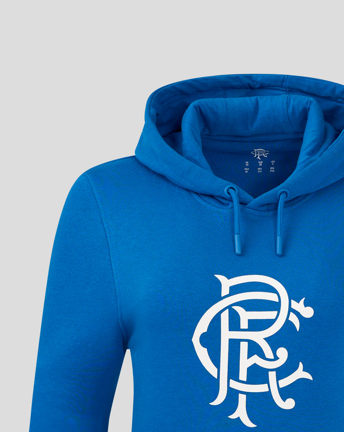 Blue Rangers FC hoodie with drawstring hood and large white crest on chest