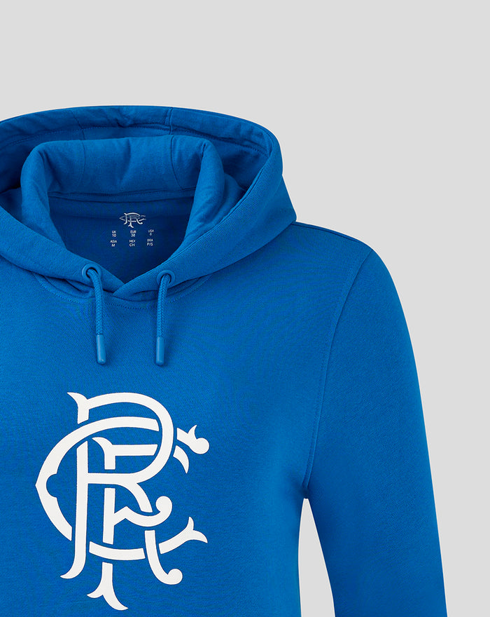 Blue Rangers FC Core Hoodie with hood and drawstrings and a large white crest on the chest