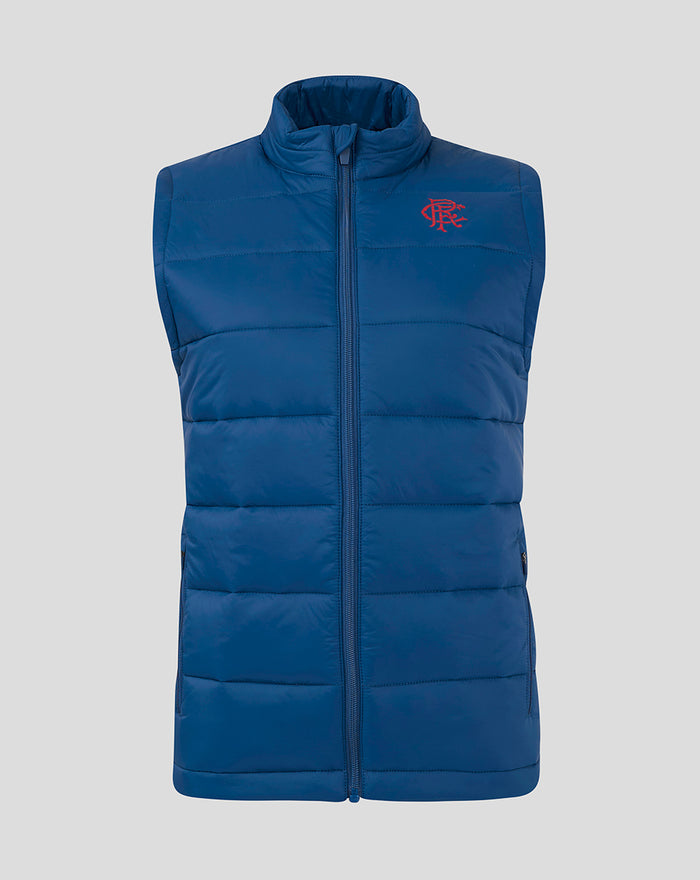Navy sleeveless core gilet with funnel neck and full-length front zipper, zipped side pockets and left chest Rangers FC crest.