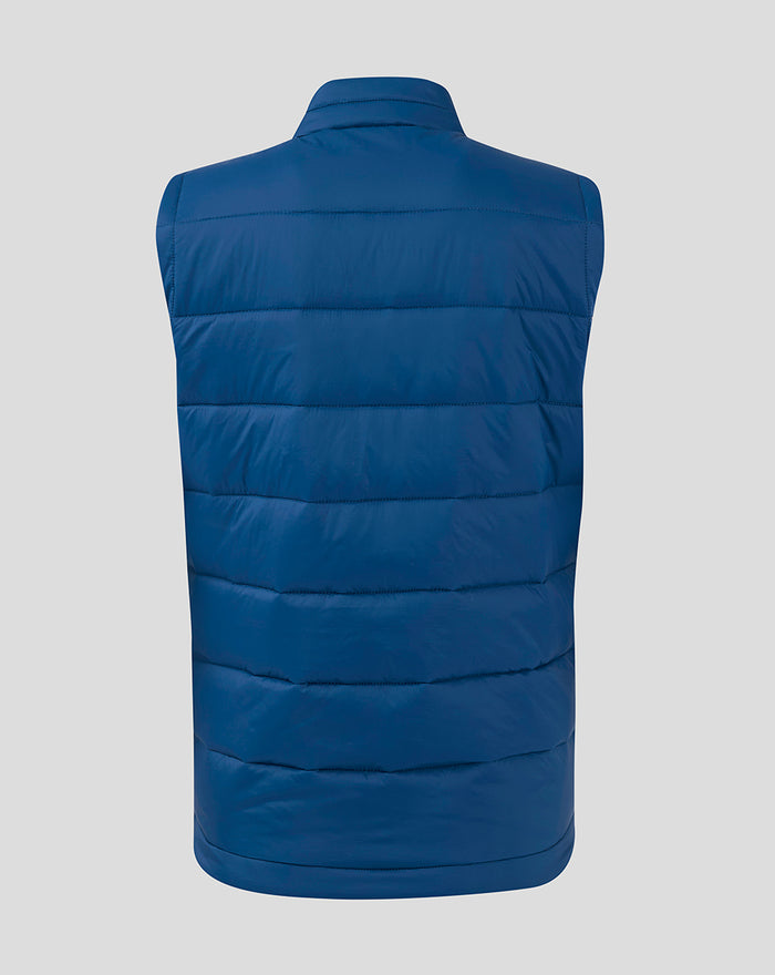 Rear view of navy women's Rangers FC Core Gilet with quilted panels and high collar