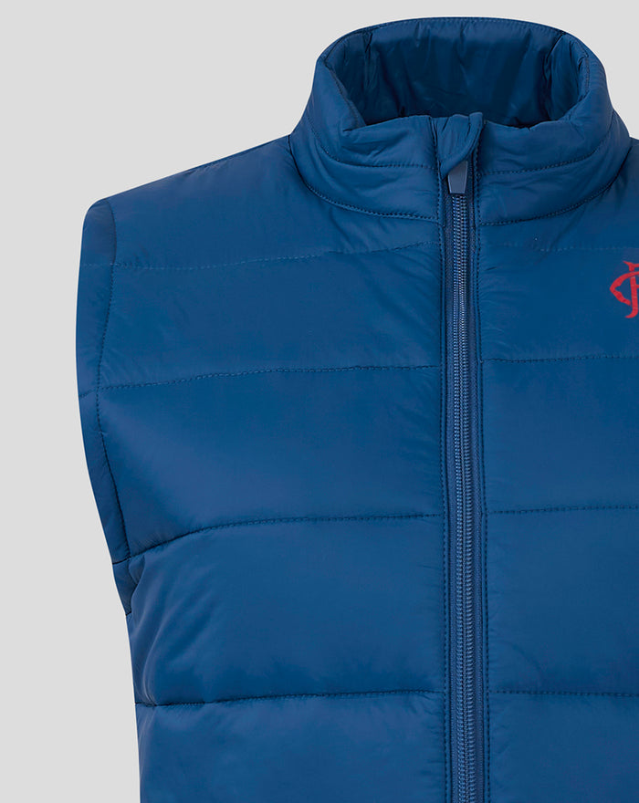 Close up of navy women's Rangers FC Core Gilet front showing funnel neck and exposed full length zip with red crest on left chest