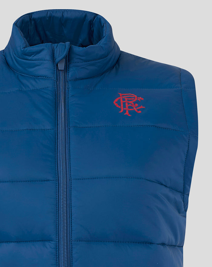 Navy Rangers FC core gilet chest area featuring red crest on left and front zipper.