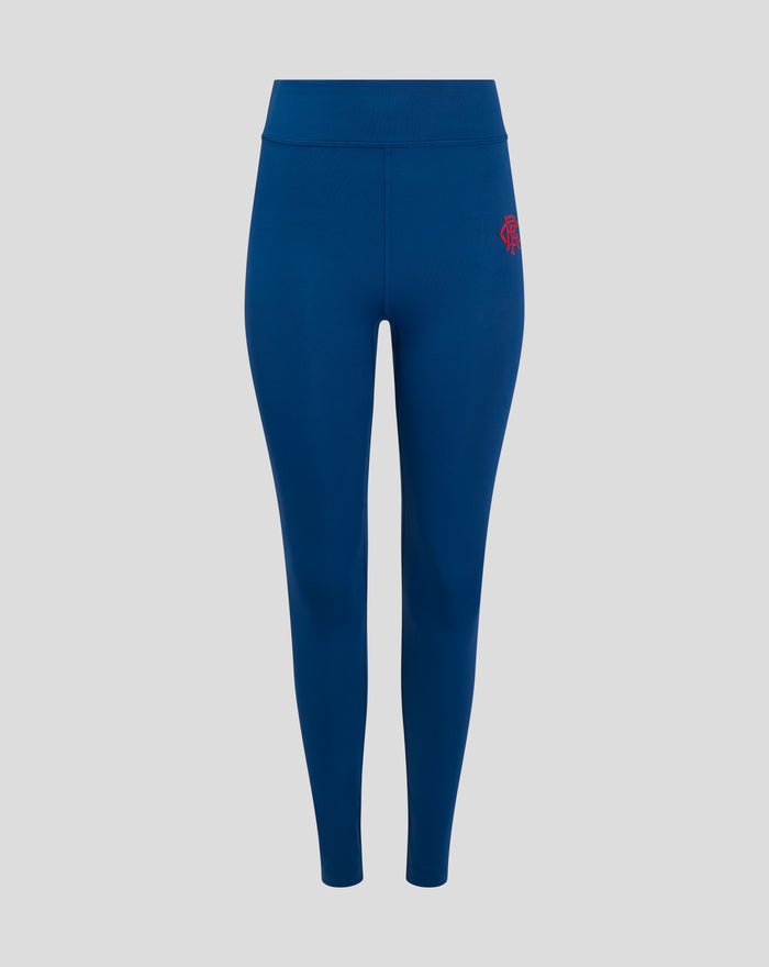 Back view of navy Rangers Core Leggings with deep elastic waistband and a flat red Rangers crest on the left thigh.