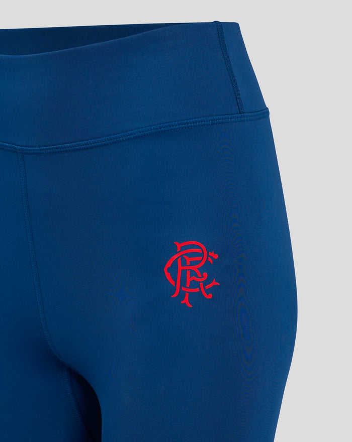 Close-up of navy Rangers FC Core Leggings showing deep waistband and left thigh crest