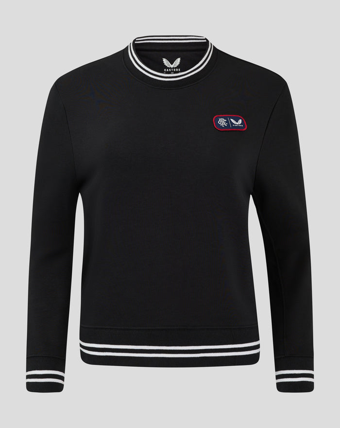 Black cropped fleece crewneck with white striped rib trim left chest patch and Rangers Castore branding
