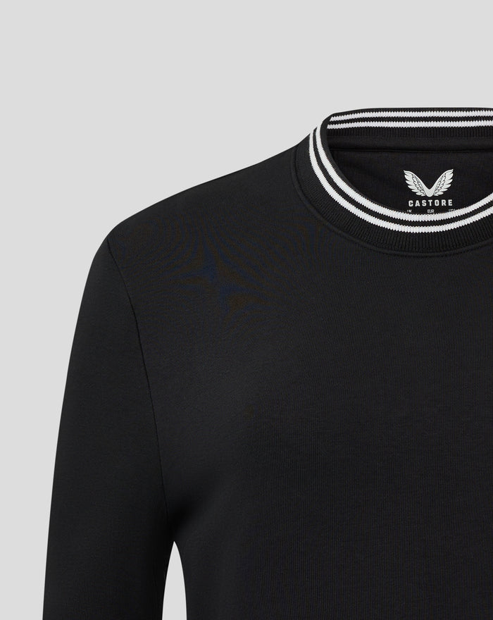 Back of black Rangers FC fleece crewneck showing inside neck Castore logo near collar.