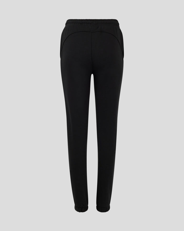Back view of black joggers showing curved hip seams and ribbed cuffs with left thigh badge visible.