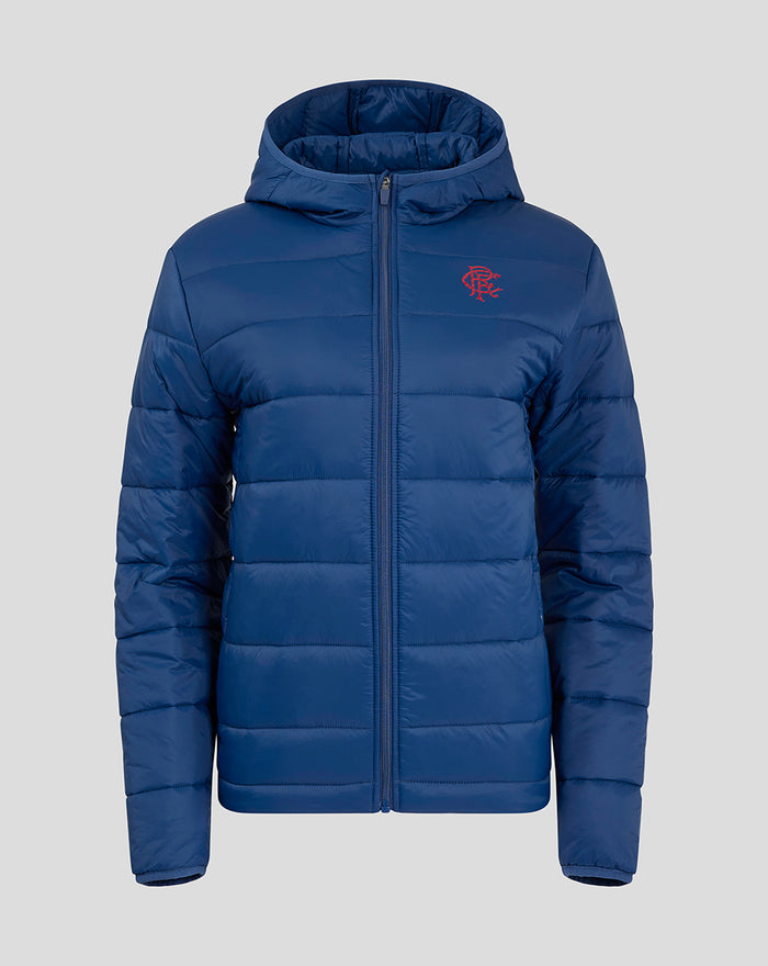 Front view of navy Rangers FC Core Long Sleeve Puffer Jacket with hood quilting and red crest on the left chest