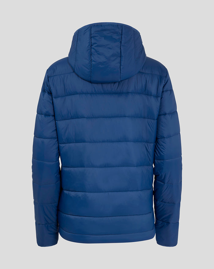 Back view of navy women's core puffer jacket with hood and horizontal quilting