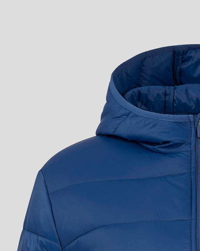 Detail of navy Rangers FC puffer jacket hood and shoulder with stitched quilting.