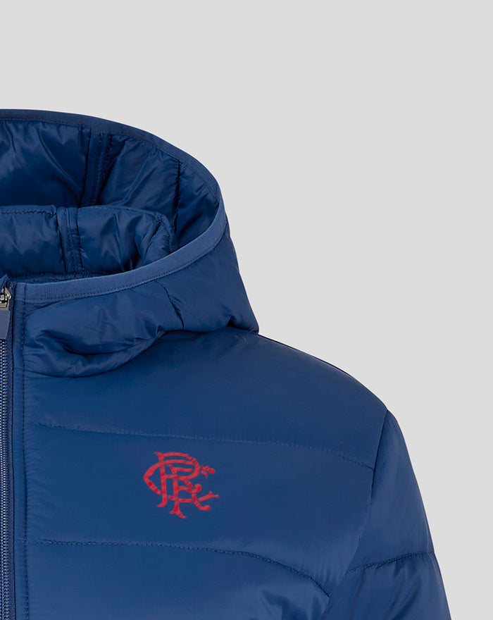 Navy Rangers FC core women's puffer jacket with bound hood and left chest crest.
