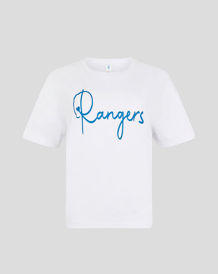 White short sleeve Rangers pajama top with blue script logo across the chest