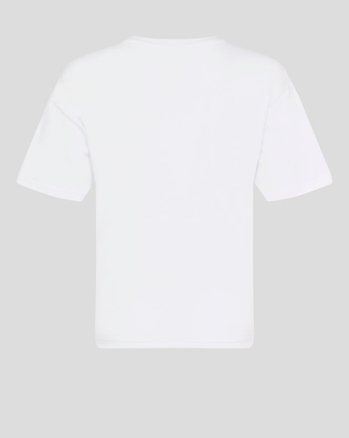 Back view of a plain white short sleeve T shirt