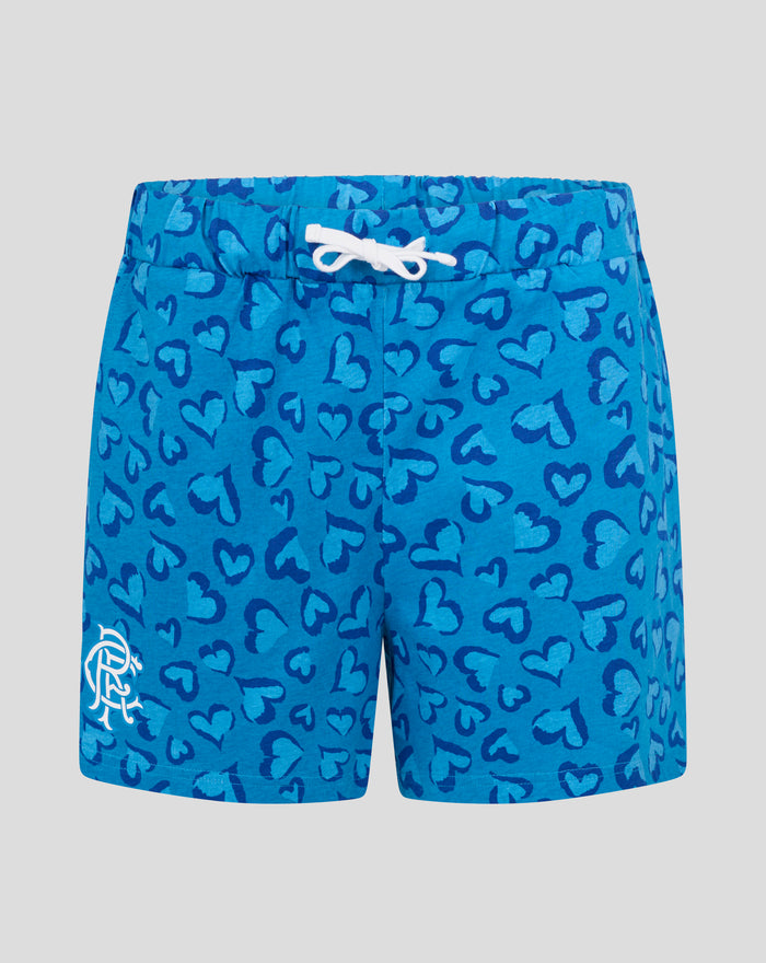 Blue pajama shorts with a white drawstring and allover heart pattern