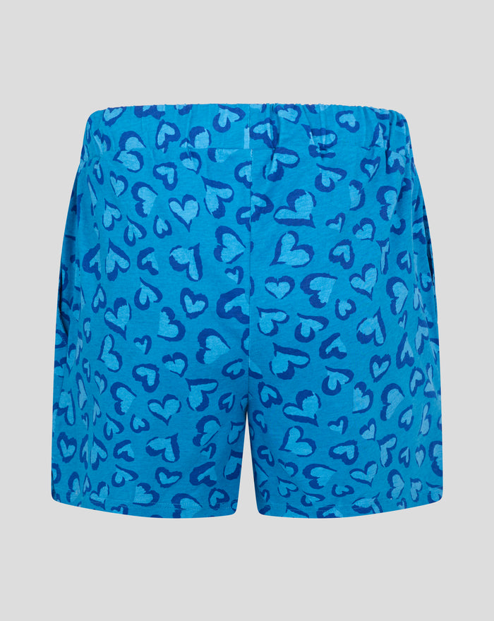 Front view of blue Rangers pajama shorts with the heart print pattern