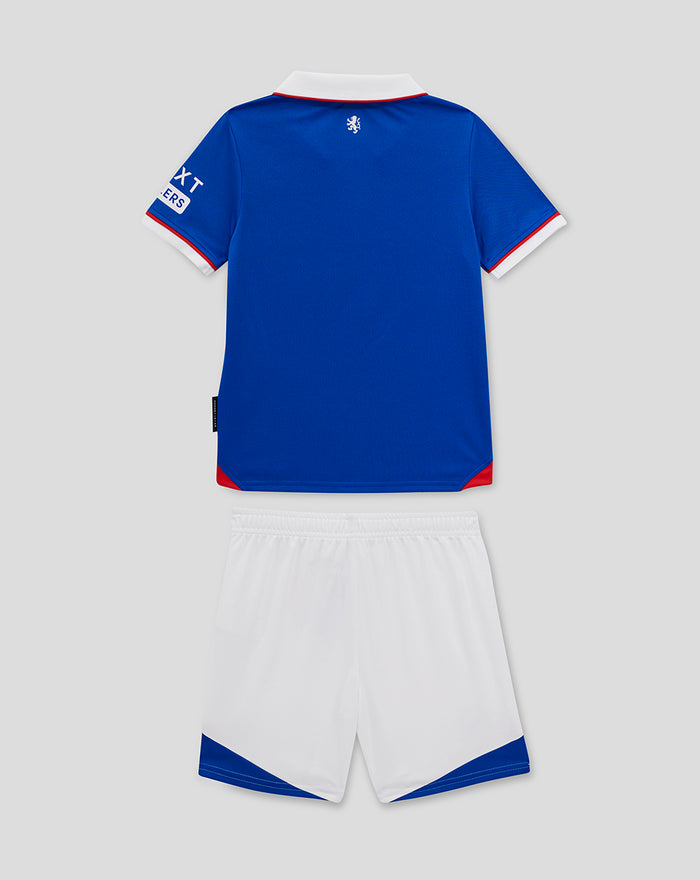 Back view of the Rangers FC infant 25/26 home kit blue jersey with white collar red trim and white shorts