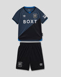 Rangers Infant Away 25/26 Third Kit top with navy diagonal panel and matching black shorts with crest.