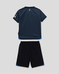 Rangers infant Away 2025–26 shirt with diagonal panel and matching black shorts with blue accents laid flat.