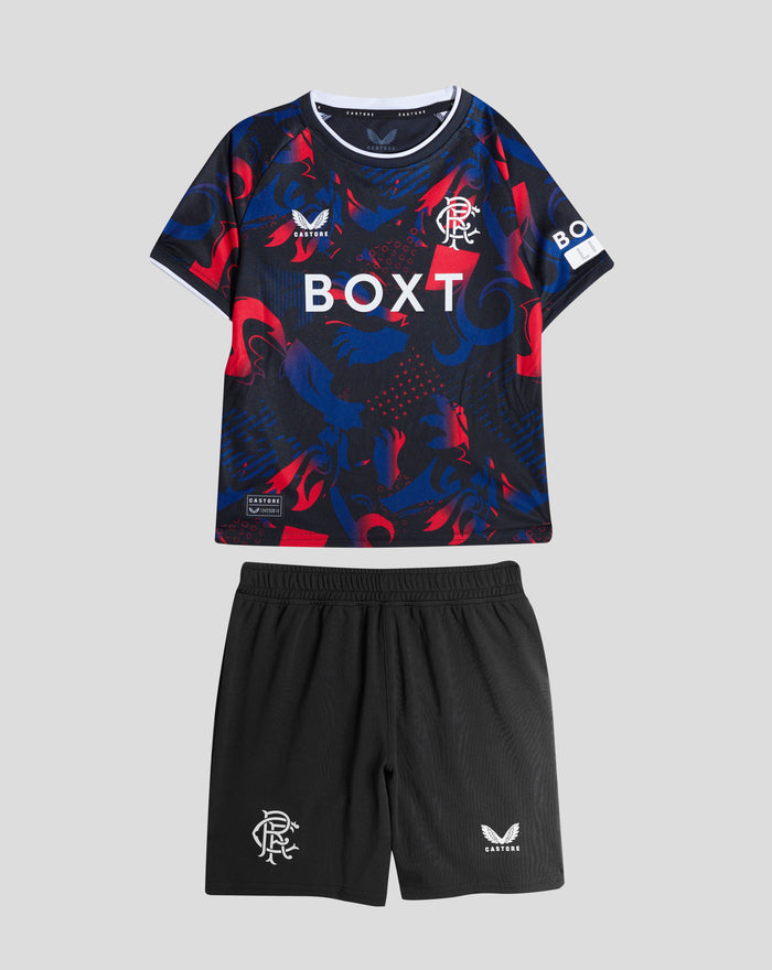 Infant Rangers Third Nested Short Sleeve Kit top with BOXT sponsor crest and matching black shorts