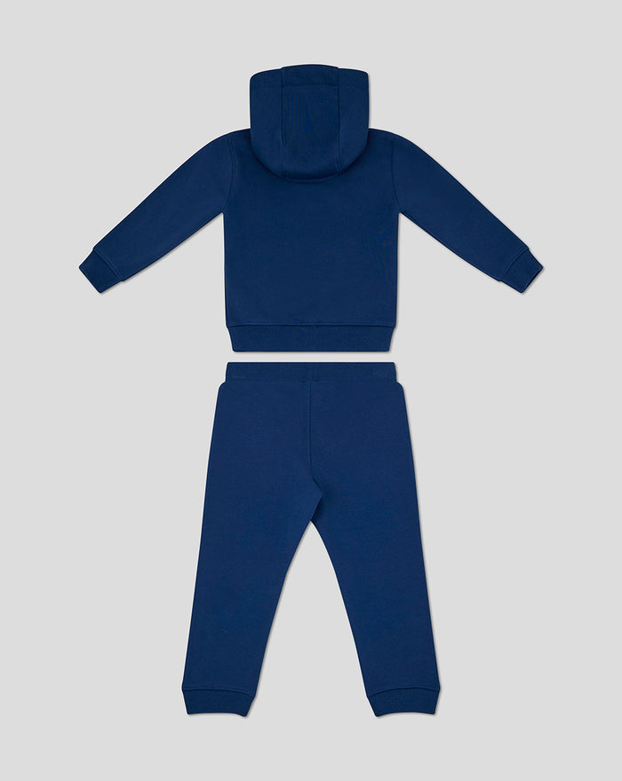Back view of infant navy core set with hooded sweatshirt and pants, crest on the left thigh