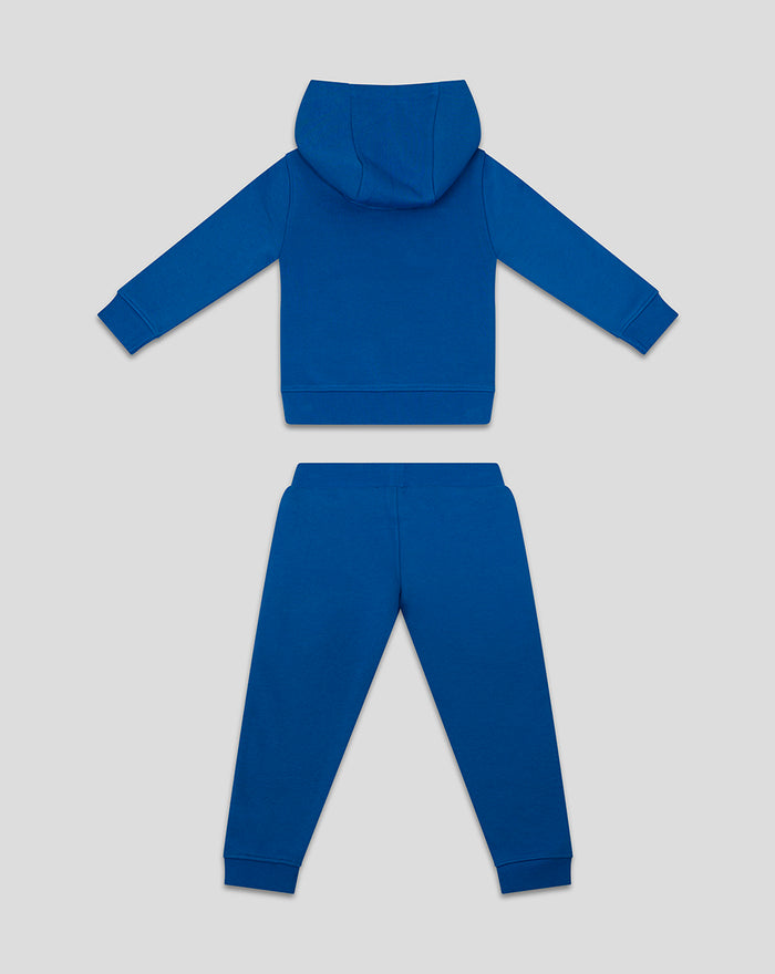 Blue infant hoodie and matching pants set laid flat showing a soft fleece fabric