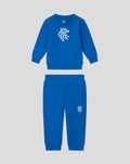 Front view of blue infant core sweatshirt set with white crest on chest and matching pants