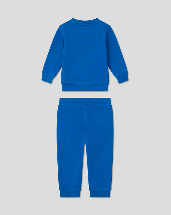 Back view of blue infant core sweatshirt set with crewneck top and matching pants