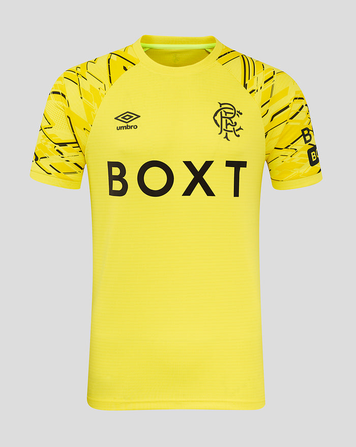 Front view of junior Rangers 25/26 home goalkeeper shirt in bright yellow with BOXT sponsor and club crest