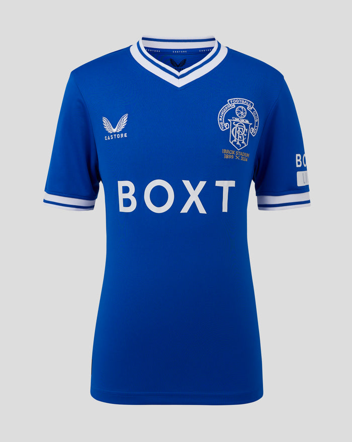 Blue junior Ibrox 125 heritage shirt with Rangers crest and BOX branding across front