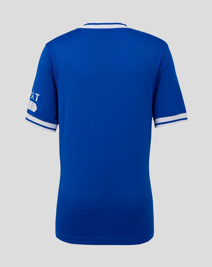 Back view of blue junior Ibrox 125 heritage shirt showing plain blue back with white trimmed collar