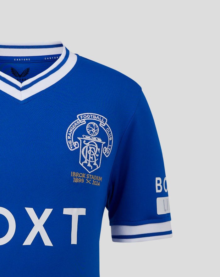 Close-up of blue Rangers heritage shirt collar with white trim and crest visible.