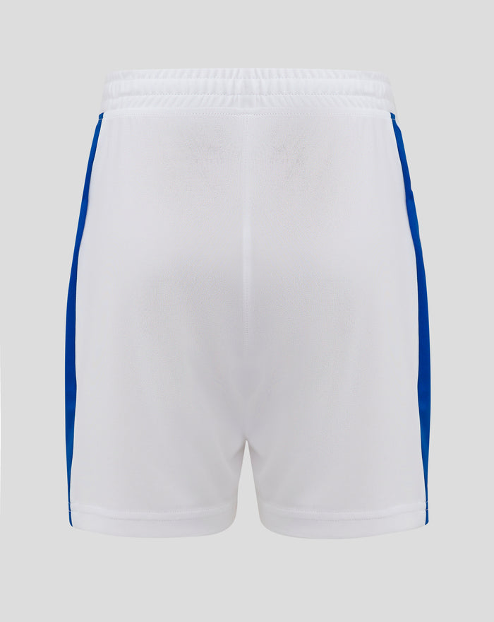 Back view of white shorts with blue side piping, Rangers crest on left leg and Castore branding on right