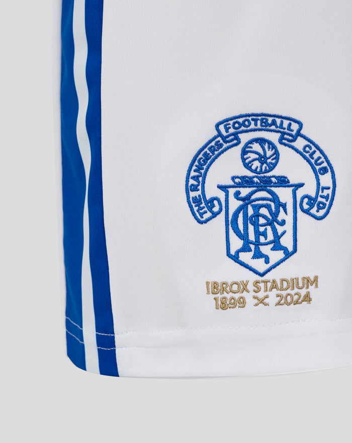 Close up of white shorts showing blue piping and Rangers crest with Ibrox Stadium inscription
