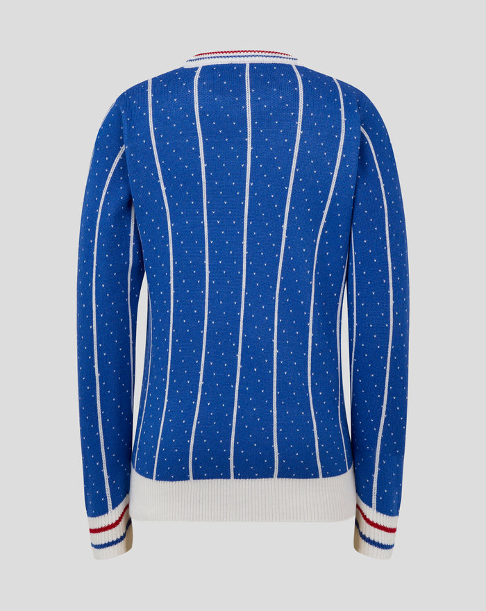 Back view of blue knit jumper with white vertical stripes and a large white script motif