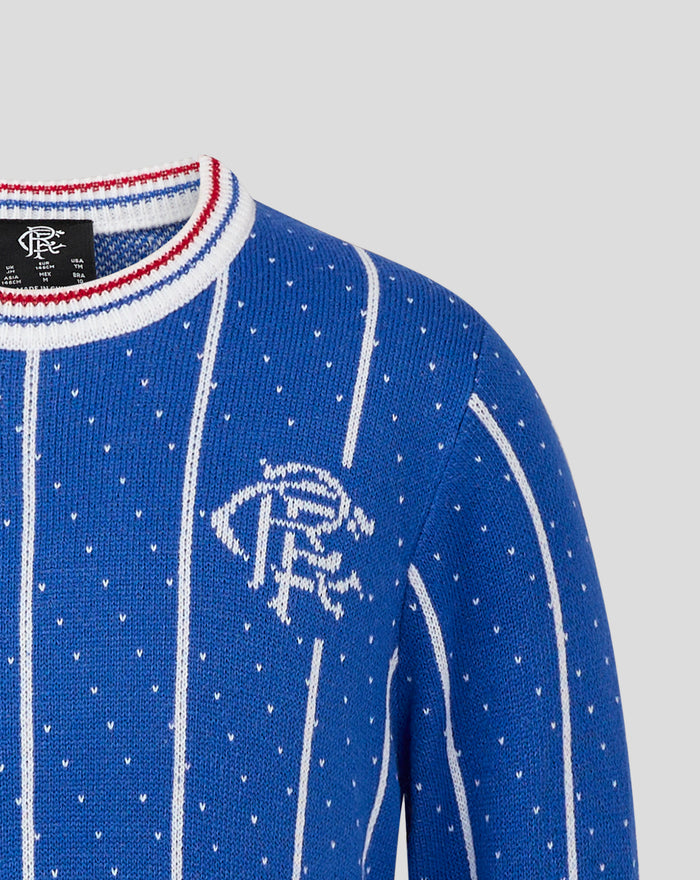 Back view of blue knitted Christmas jumper with striped collar trim
