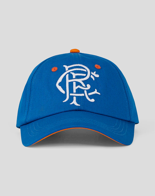 Front view of blue unisex cap with white embroidered graphic and orange accents