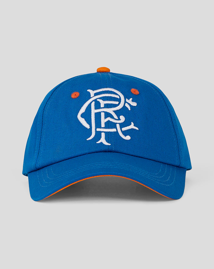 Front view of blue unisex cap with white embroidered graphic and orange accents