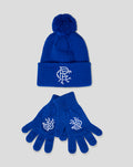 Blue junior beanie with a fluffy pom pom and matching gloves featuring white embroidery.