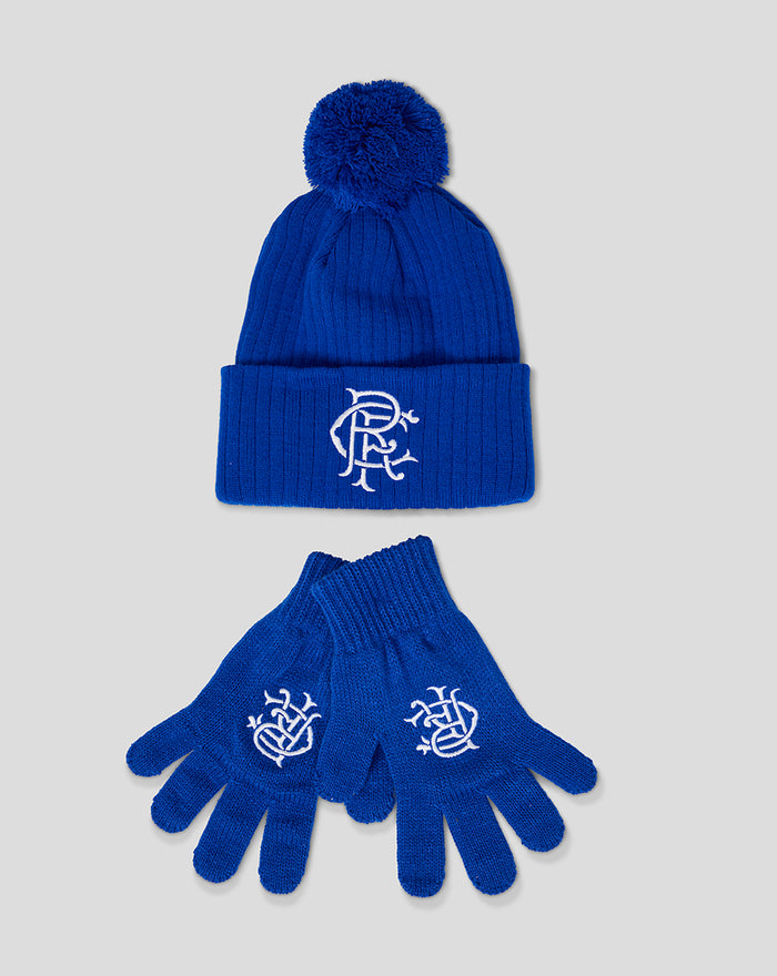 Blue junior beanie with a fluffy pom pom and matching gloves featuring white embroidery.