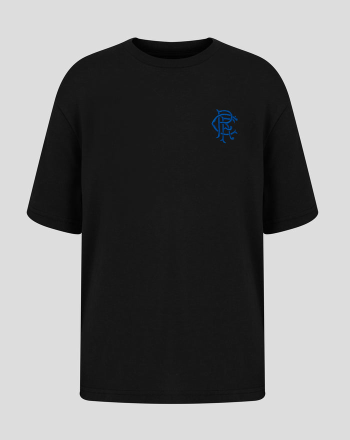 Black JUNIOR 25/26 CORE CREST TEE with blue scroll crest on the chest