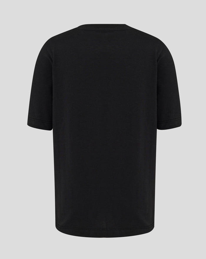 Back view of black Rangers crest T shirt showing plain fabric and short sleeves