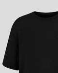Close up of the black fabric around the ribbed crew neck and shoulder seam