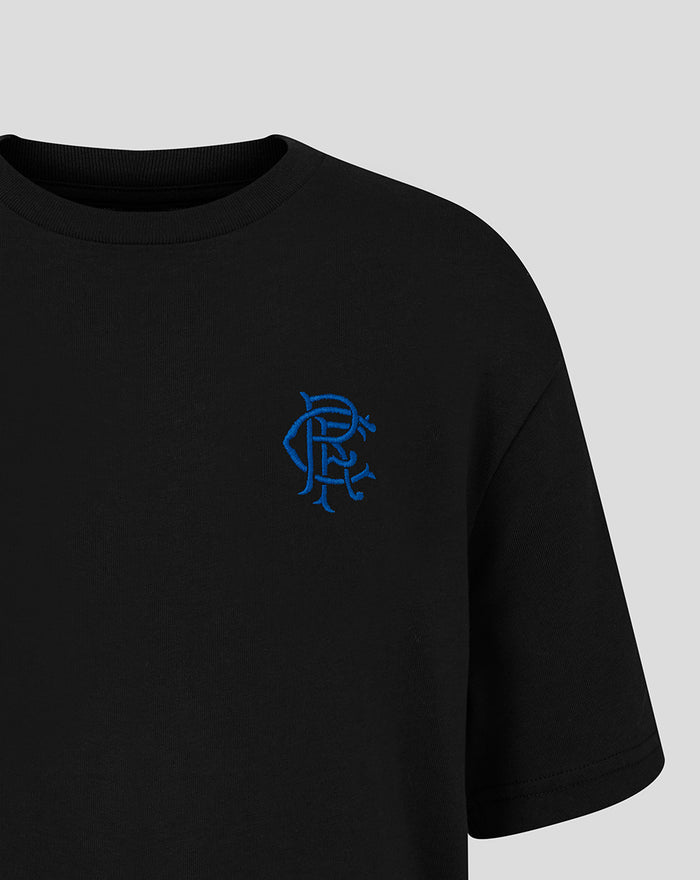 Black core crest T shirt with blue embroidered Rangers crest on chest