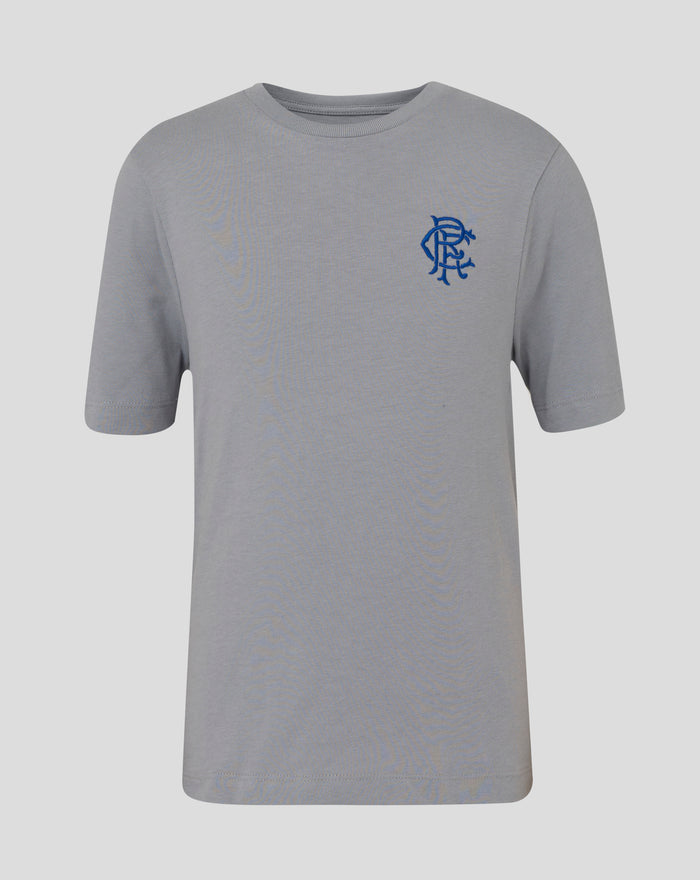 Grey heather Rangers junior crest tee with blue scroll crest on the chest