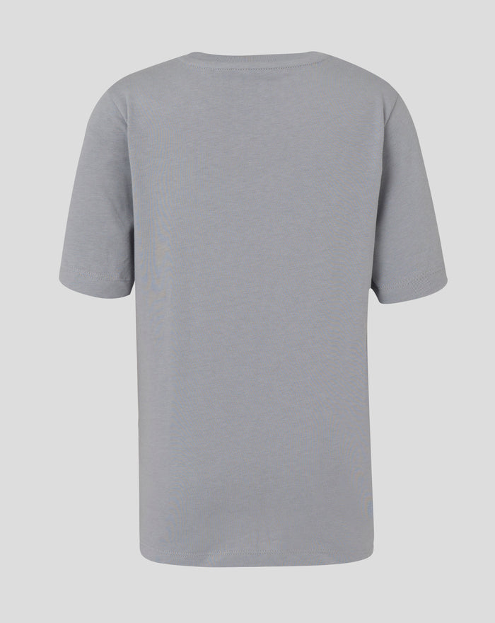 Back view of grey heather Rangers crest tee with curved hem