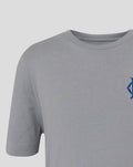 Close up of light gray junior crest tee neckline with a ribbed collar