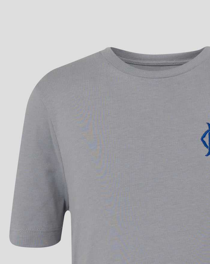 Close up of light gray junior crest tee neckline with a ribbed collar