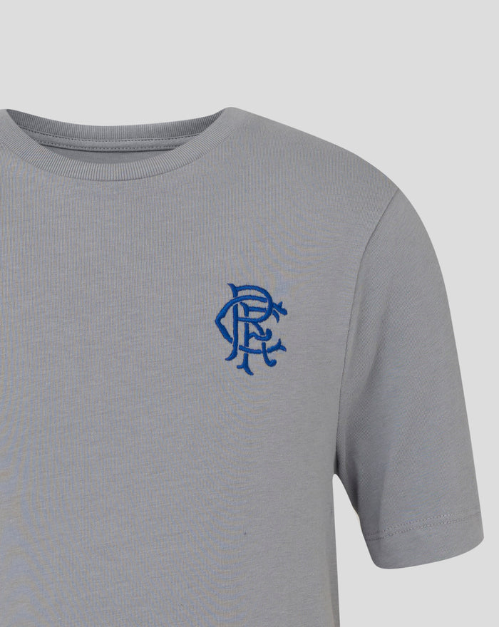 Back view of light grey heather Rangers crest tee showing ribbed crew neck